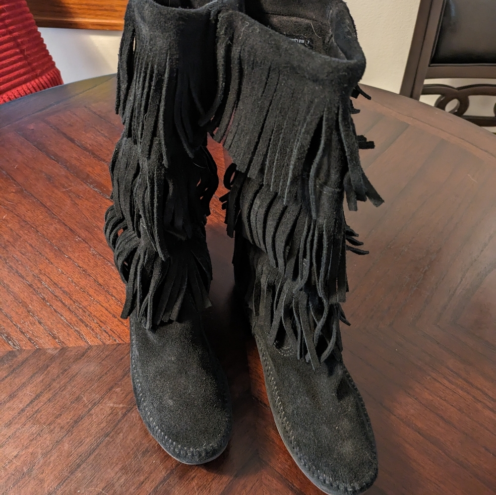 Fringe black suede tall boots 9 - Picture 4 of 8